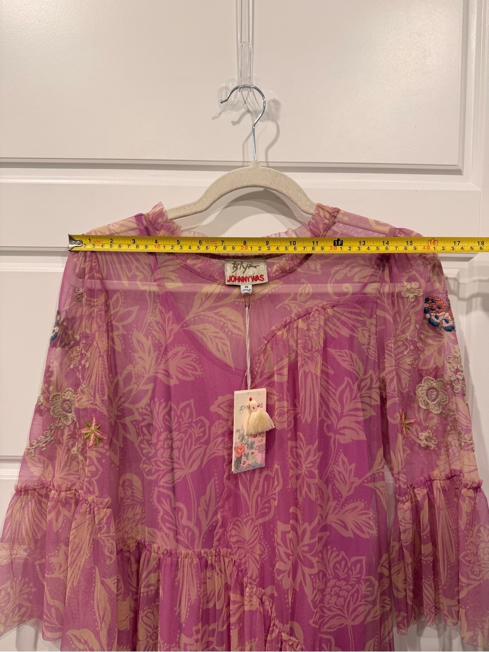NWT JOHNNY WAS Biya Mazzy Arching Ruffles Dress Pink Floral Embroidered XS Boho - Picture 8 of 13
